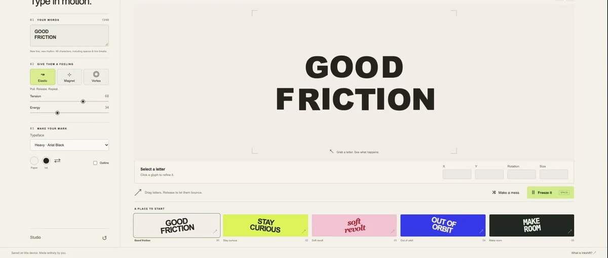 Inkshift typography canvas showing GOOD FRICTION alongside motion and lettering controls.
