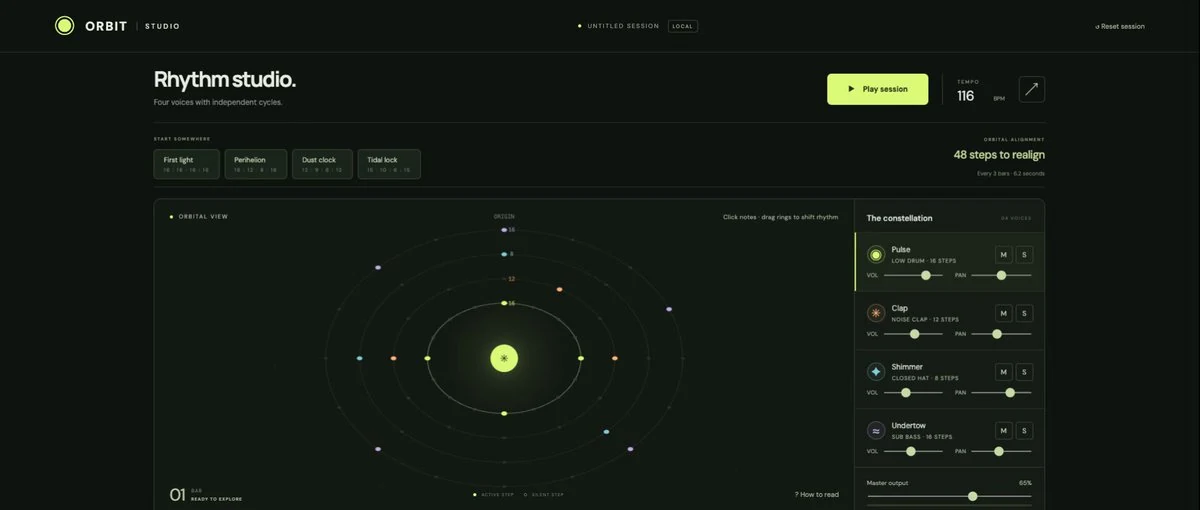 Orbit Studio showing four orbital rhythm rings beside voice and pattern controls.