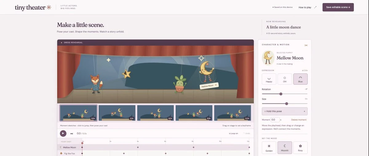 Tiny Theater puppet stage with Moon controls, scene thumbnails and an animation timeline.